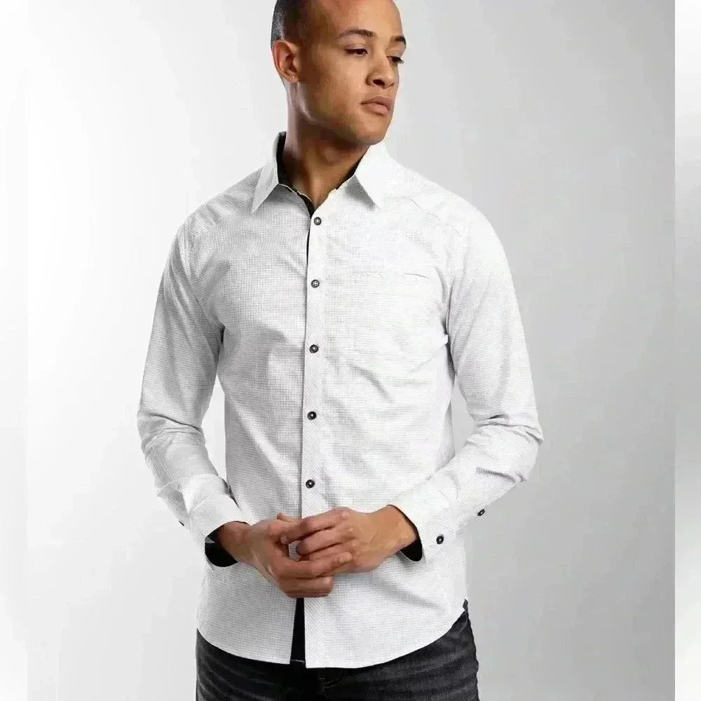 J.B. Holt Striped Standard Stretch Long Sleeve Button Up Shirt-White/Black- SZ-S